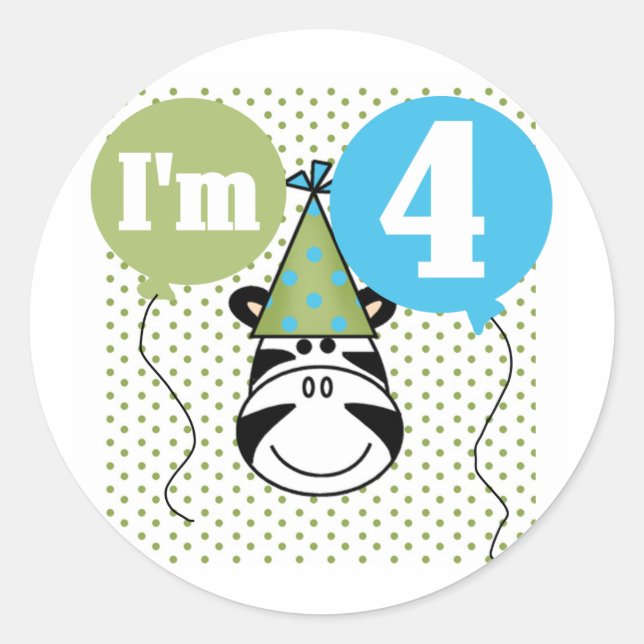 Zebra 4th Birthday T-shirts and Gifts Classic Round Sticker (Front)