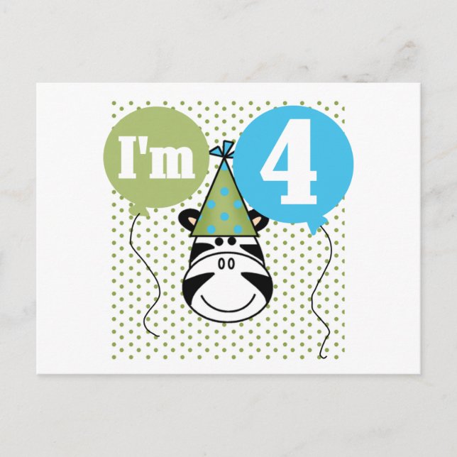 Zebra 4th Birthday T-shirts and Gifts Postcard (Front)