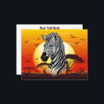 Zebra African Savanna Wild Animal Holiday Postcard<br><div class="desc">The plains zebra occurs in six regional races, each with its own stripe pattern. All are distinct from the two other zebra species: the larger Grevy’s zebra (Equus grevyi) of northern Kenya, and smaller mountain zebra (Equus equus) of southwest Africa. Plains zebras are highly sociable: dominant stallions preside over harems...</div>