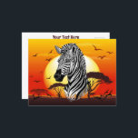 Zebra African Savanna Wild Animal Holiday Postcard<br><div class="desc">The plains zebra occurs in six regional races, each with its own stripe pattern. All are distinct from the two other zebra species: the larger Grevy’s zebra (Equus grevyi) of northern Kenya, and smaller mountain zebra (Equus equus) of southwest Africa. Plains zebras are highly sociable: dominant stallions preside over harems...</div>