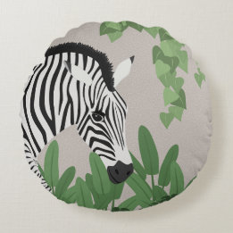 Zebra amongst Leaves Round Cushion