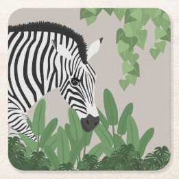 Zebra amongst Leaves Square Paper Coaster