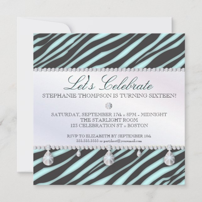 Zebra and Diamonds Sweet 16 Elegance Invitation (Front)