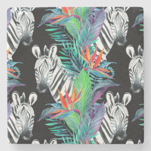 Zebra And Exotic Flowers Pattern 2 Stone Coaster