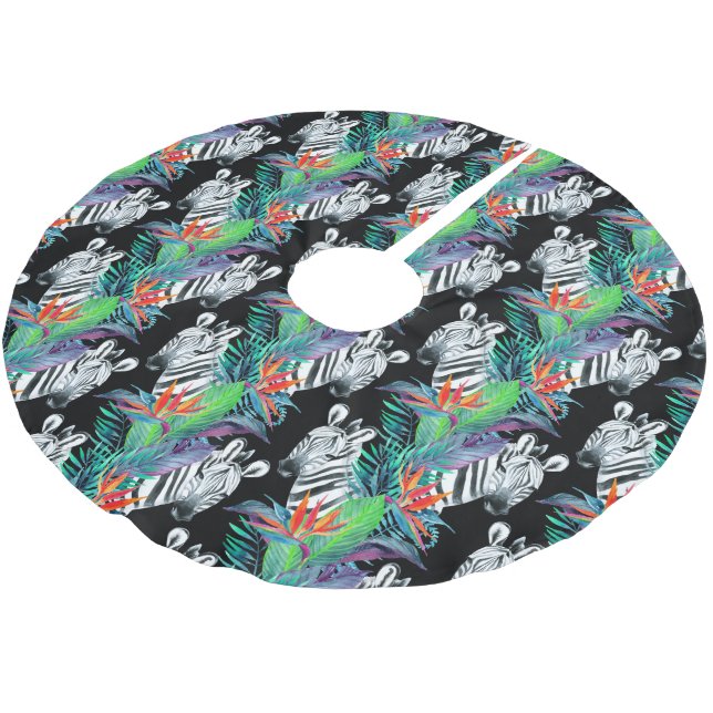 Zebra And Exotic Flowers Pattern Brushed Polyester Tree Skirt (Angled)