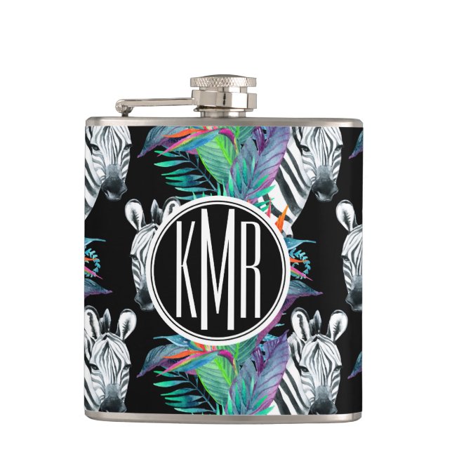 Zebra And Exotic Flowers Pattern | Monogram Hip Flask (Front)