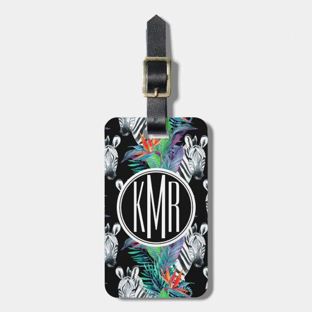 Zebra And Exotic Flowers Pattern | Monogram Luggage Tag (Front Vertical)