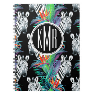 Zebra And Exotic Flowers Pattern Monogram Spiral Notebook