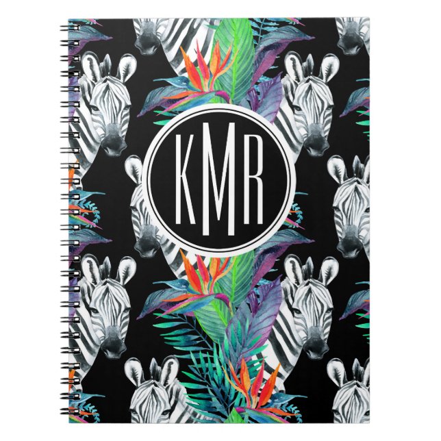Zebra And Exotic Flowers Pattern | Monogram Spiral Notebook (Front)