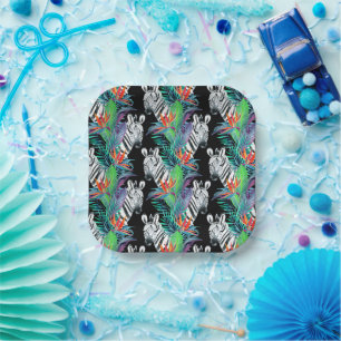 Zebra And Exotic Flowers Pattern Paper Plate