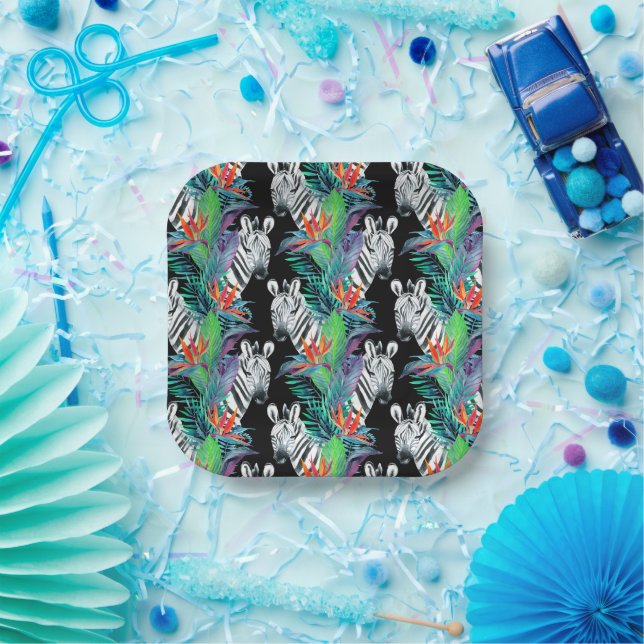 Zebra And Exotic Flowers Pattern Paper Plate (Party)