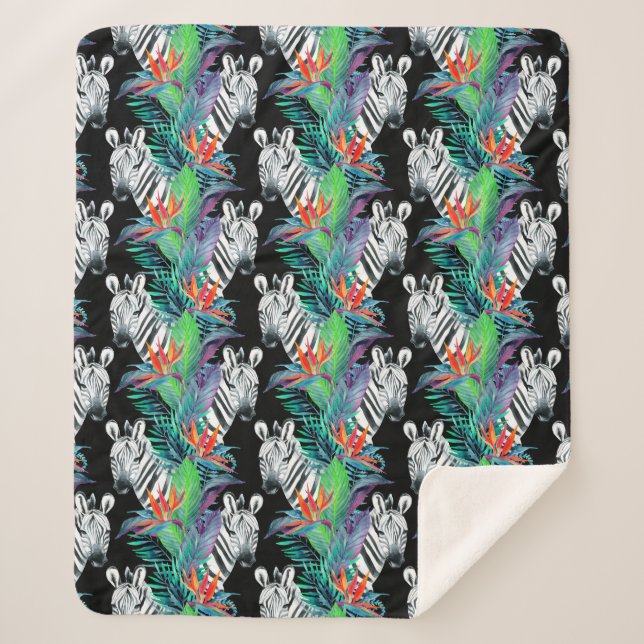 Zebra And Exotic Flowers Pattern Sherpa Blanket (Front)