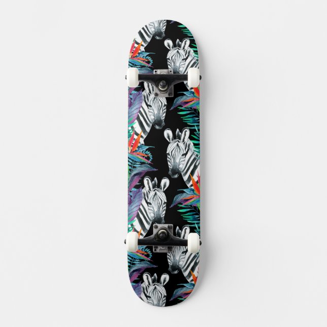 Zebra And Exotic Flowers Pattern Skateboard (Front)