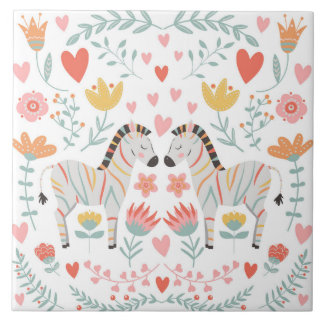 Zebra and Flowers Colourful Scandinavian Folk Art Tile