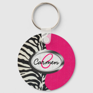 Zebra and Neon Pink with Metallic Monogram Key Ring