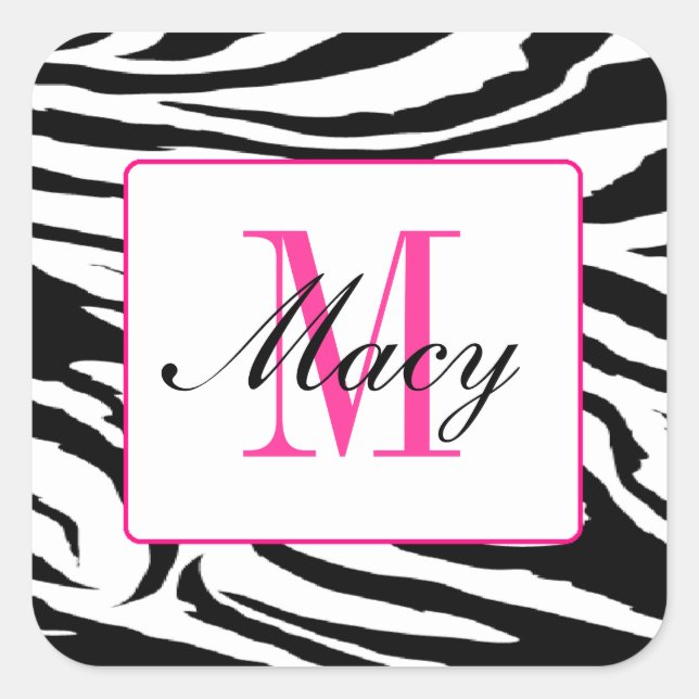 Zebra and Pink Square Sticker Zebra Hot Pink (Front)