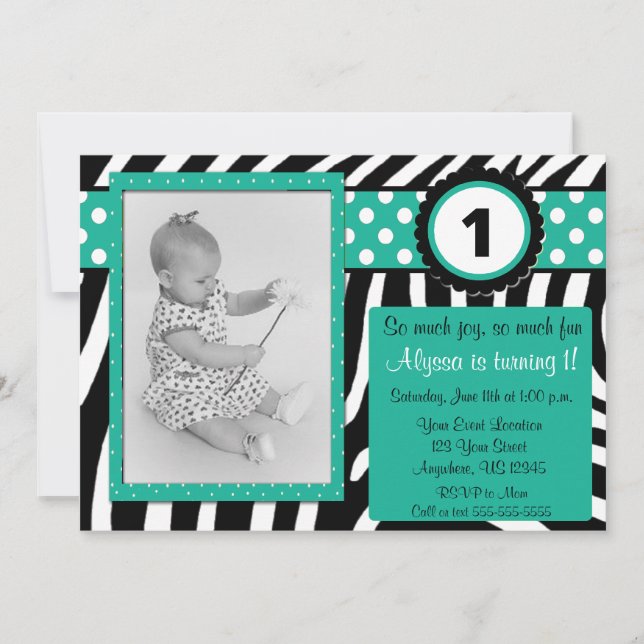 Zebra and Turquoise Birthday invitation ANY AGE (Front)