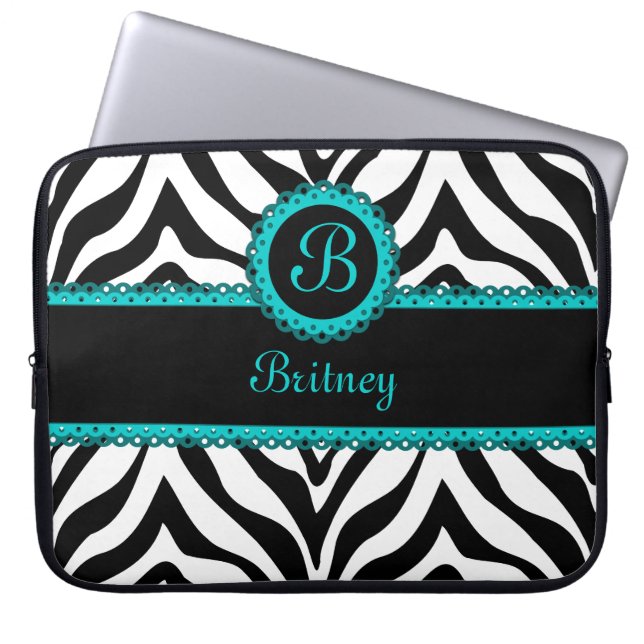 Zebra and Turquoise Lace Monogram Laptop Sleeve (Front)