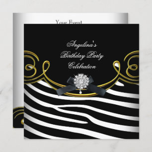 Zebra Animal Black White Gold Birthday Party Invitation