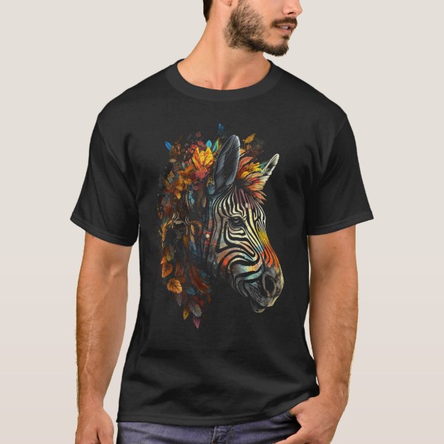 Zebra Autumn Leaves Colourful Animal Zoo Zebra T-Shirt (Front)
