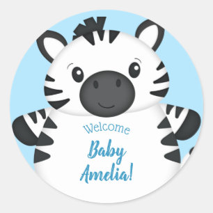 Zebra Baby Shower Blue Classic Round Sticker