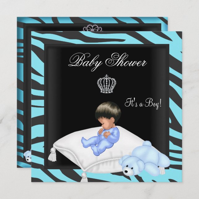 Zebra Baby Shower Boy Blue Black Crown Prince Invitation (Front/Back)