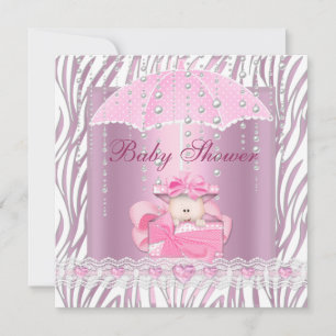 Zebra Baby Shower Girl Baby Pink Umbrella White Invitation