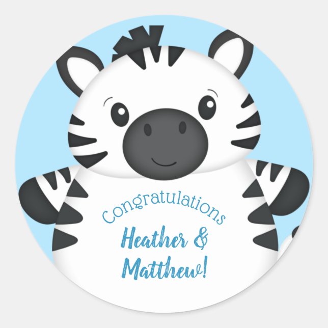 Zebra Baby Shower Safari Blue Boy Classic Round Sticker (Front)
