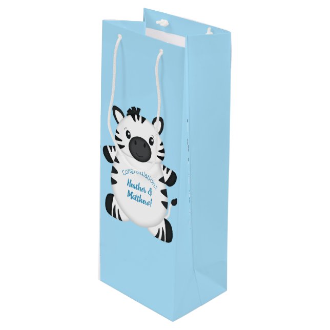 Zebra Baby Shower Safari Blue Boy Wine Gift Bag (Front Angled)