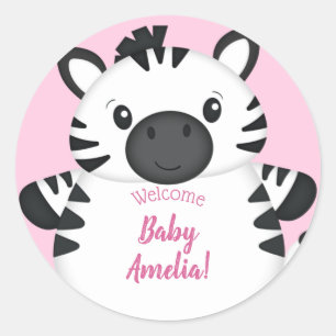 Zebra Baby Shower Safari Pink Girl Classic Round Sticker