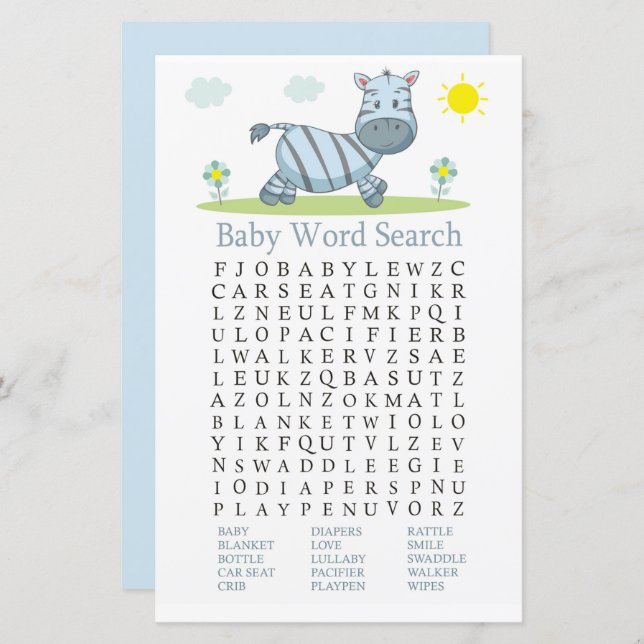 Zebra Baby Shower Word Search Game (Front/Back)