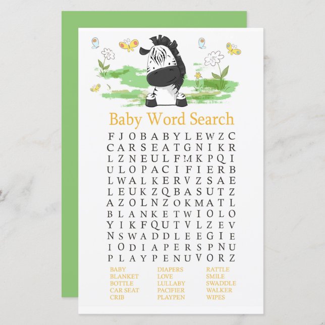 Zebra Baby Shower Word Search Game (Front/Back)