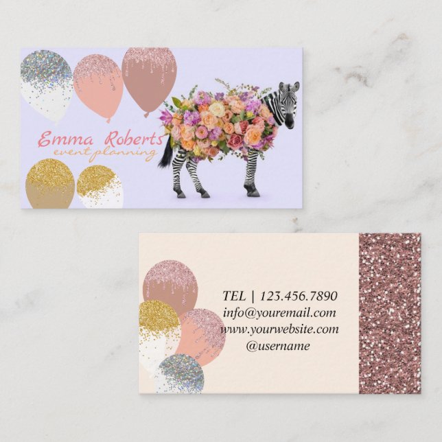 Zebra Balloons Modern Event Planning Business Card (Front/Back)