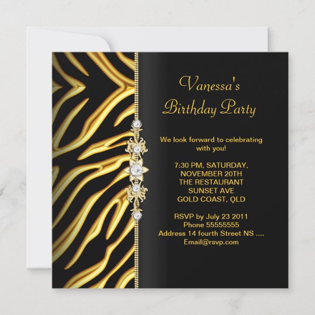 Zebra Birthday Party Gold Black Floral Invitation (Front)