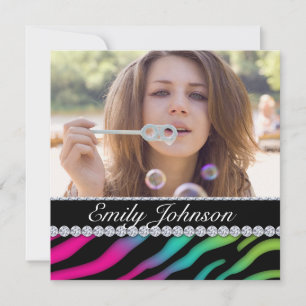 Zebra Birthday Party Pink Green Blue Black Jewelle Invitation