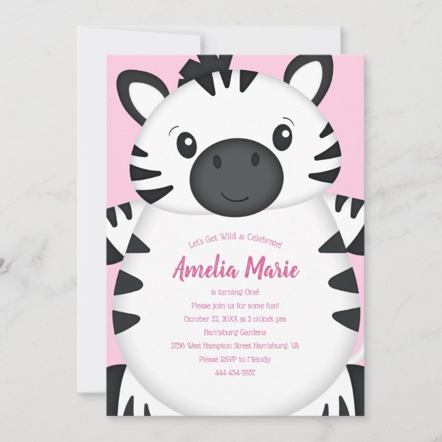 Zebra Birthday Party Pink Invitation (Front)