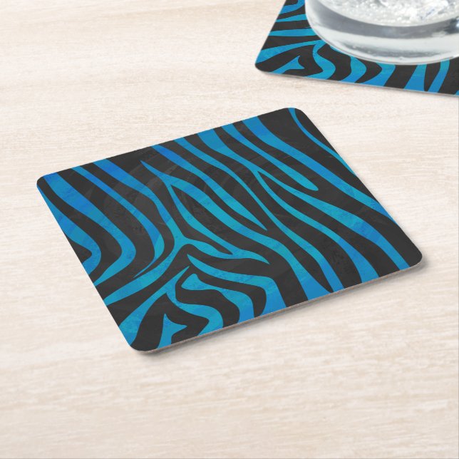 Zebra Black and Blue Print Square Paper Coaster (Angled)