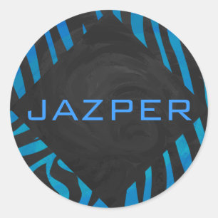 Zebra Black and Blue with Monogram Classic Round Sticker