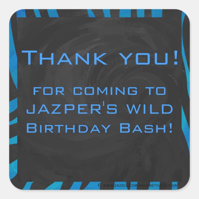 Zebra Black and Blue with Monogram Square Sticker (Front)