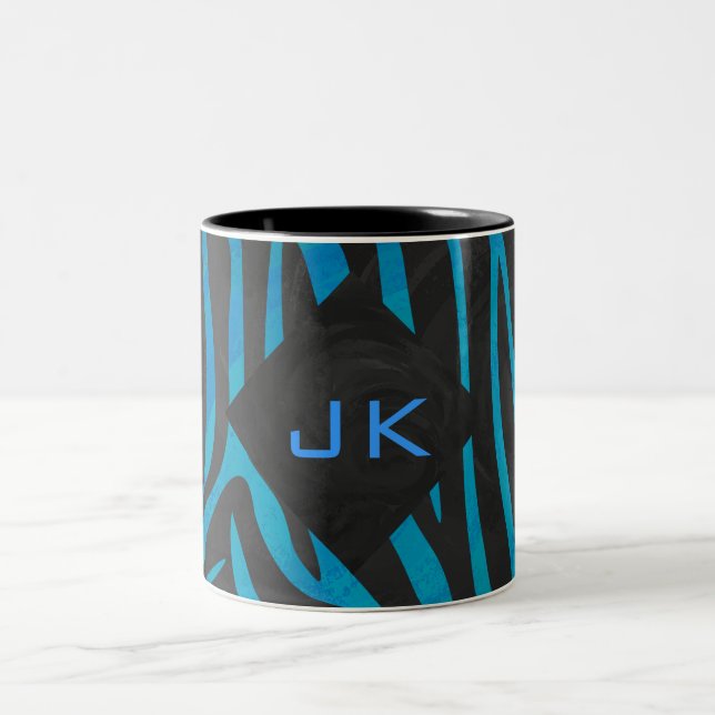 Zebra Black and Blue with Monogram Two-Tone Coffee Mug (Center)
