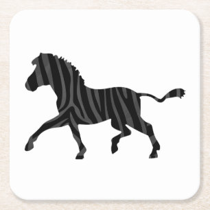 Zebra Black and Grey Print Silhouette Square Paper Coaster