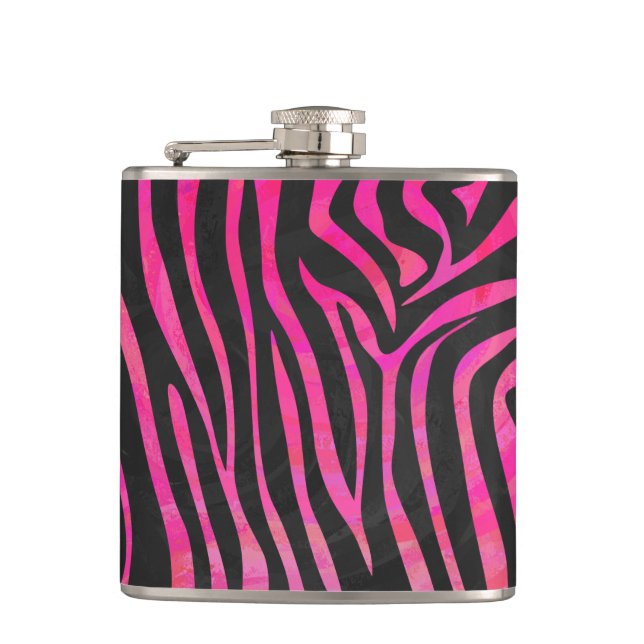 Zebra Black and Hot Pink Print Hip Flask (Front)