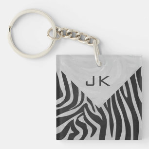 Zebra Black and Light Grey Monogram Key Ring