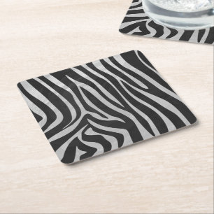 Zebra Black and Light Grey Print Square Paper Coaster