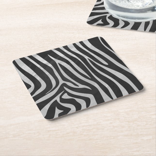 Zebra Black and Light Grey Print Square Paper Coaster (Angled)