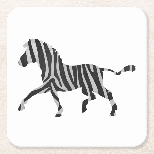 Zebra Black and Light Grey Silhouette Square Paper Coaster (Front)