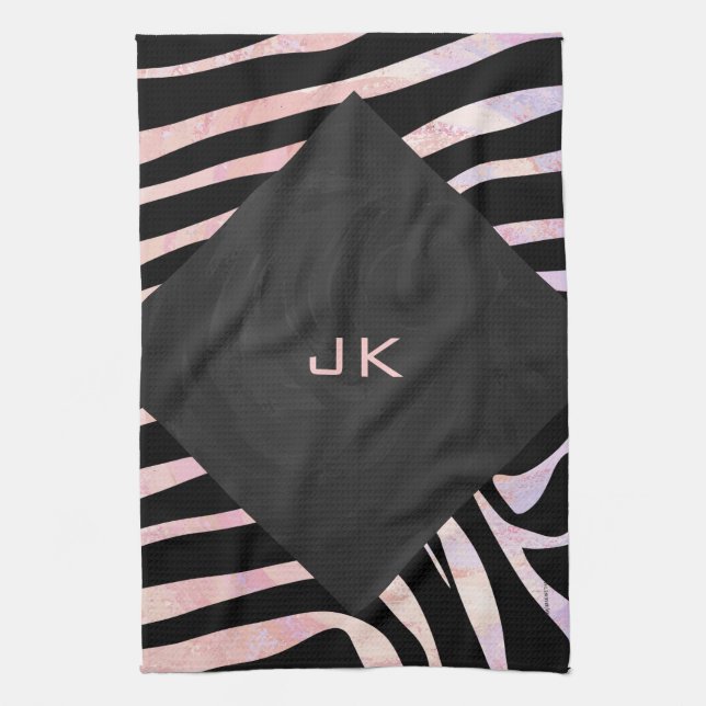 Zebra Black and Pink Monogram Tea Towel (Vertical)