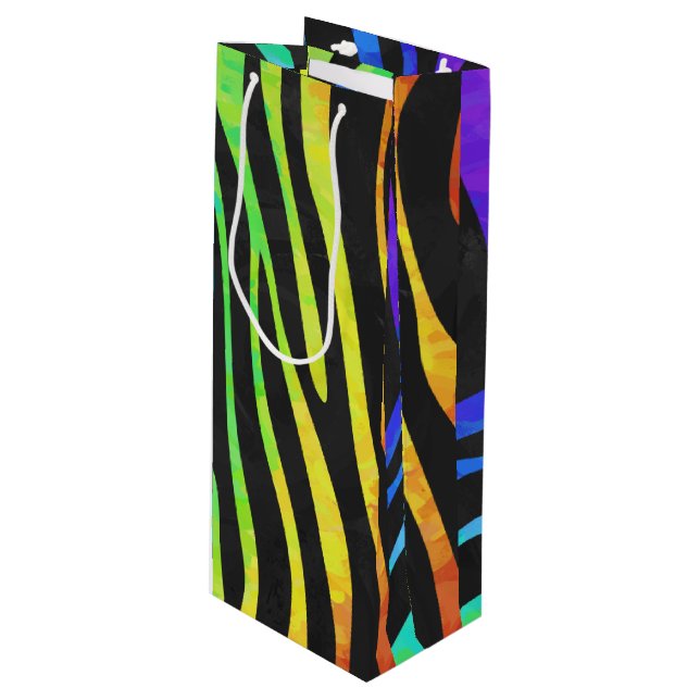 Zebra Black and Rainbow Print Wine Gift Bag (Front Angled)