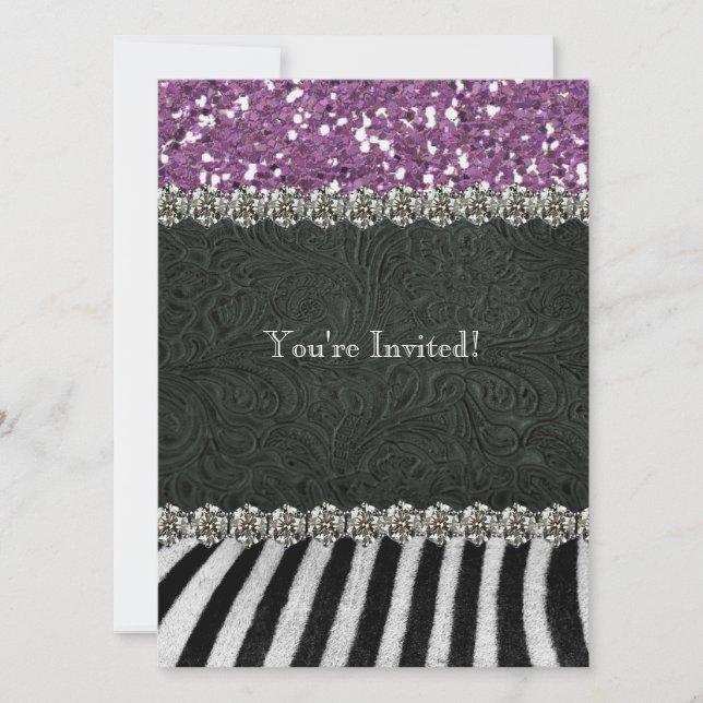 Zebra Black Purple Glitter Look Bridal Shower Invitation (Front)