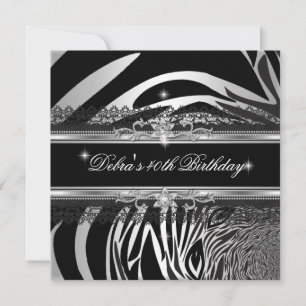Zebra Black Silver White 40th Birthday Party Invitation